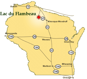 Lac du Flambeau is located in the southwest corner of Vilas County an a small part of the southeast corner of Iron County. 
